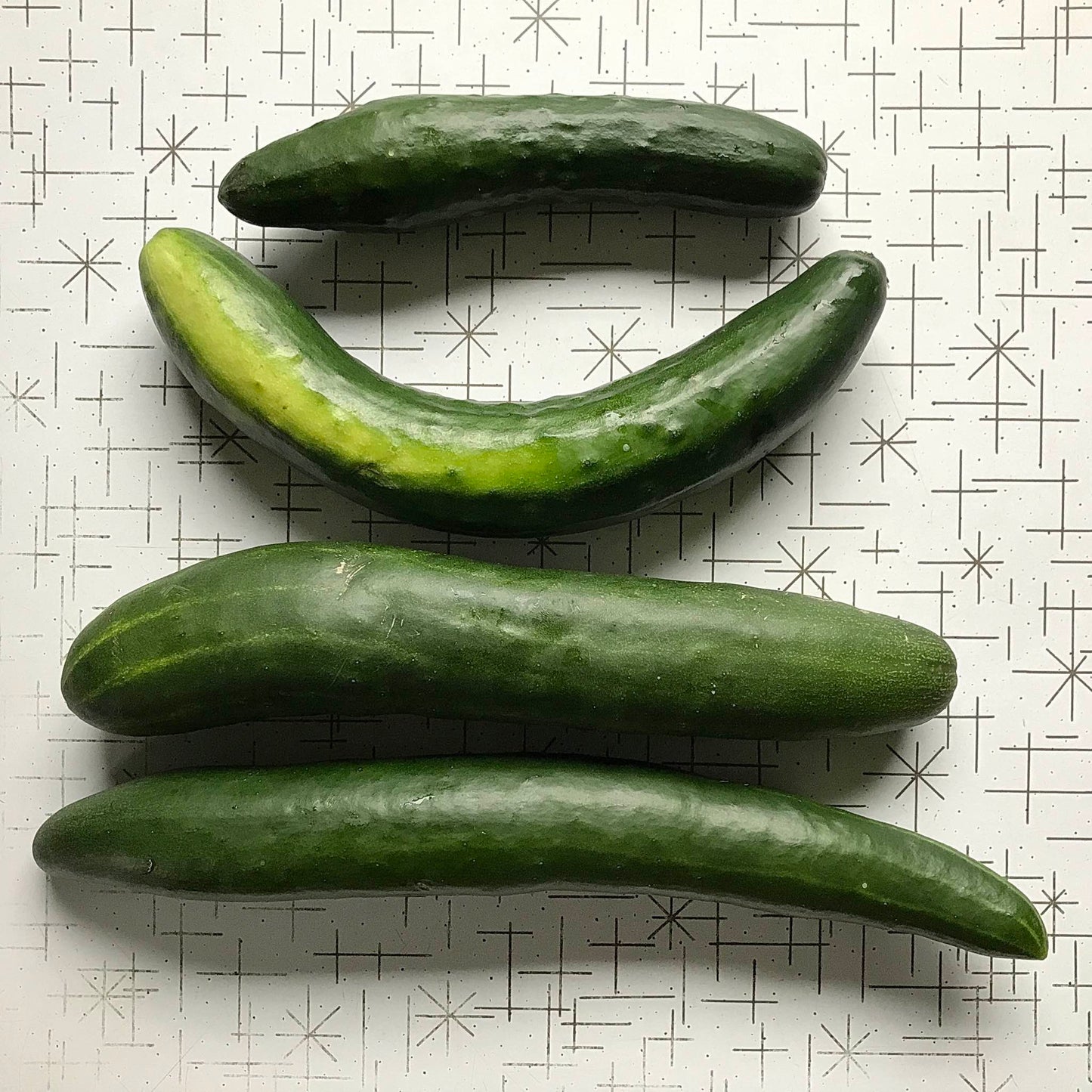 Four slicer cucumbers on a table.