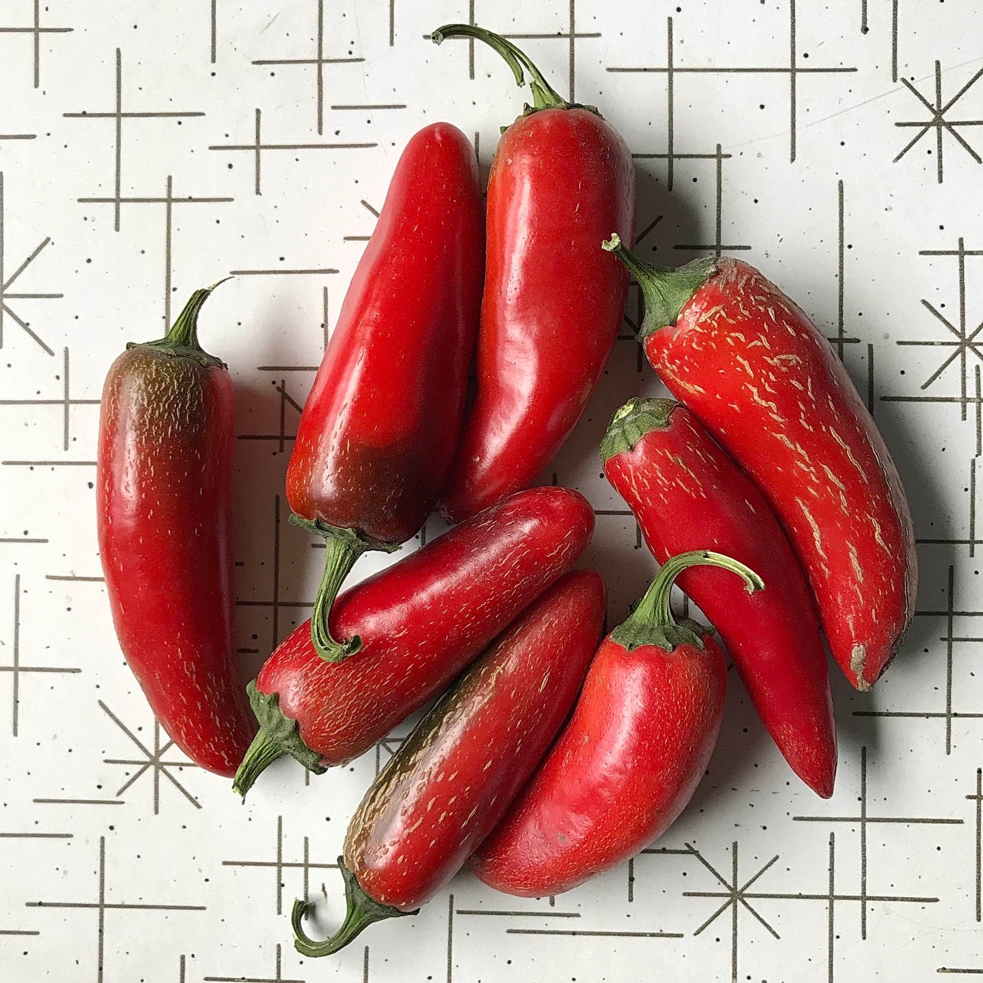 Eight beautiful ripe red jalapeños on a table.