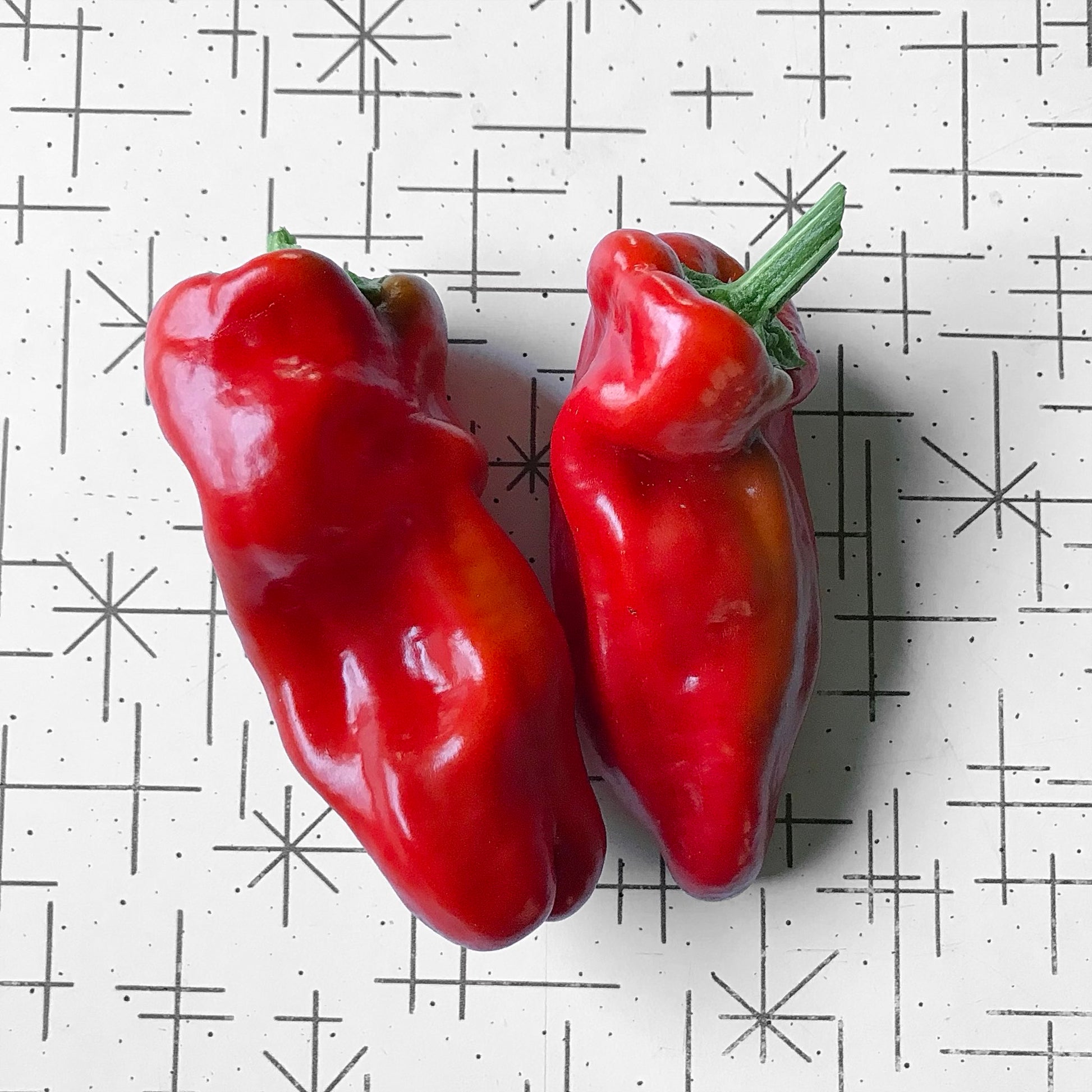 Two perfectly ripe neapolitan peppers on a table.