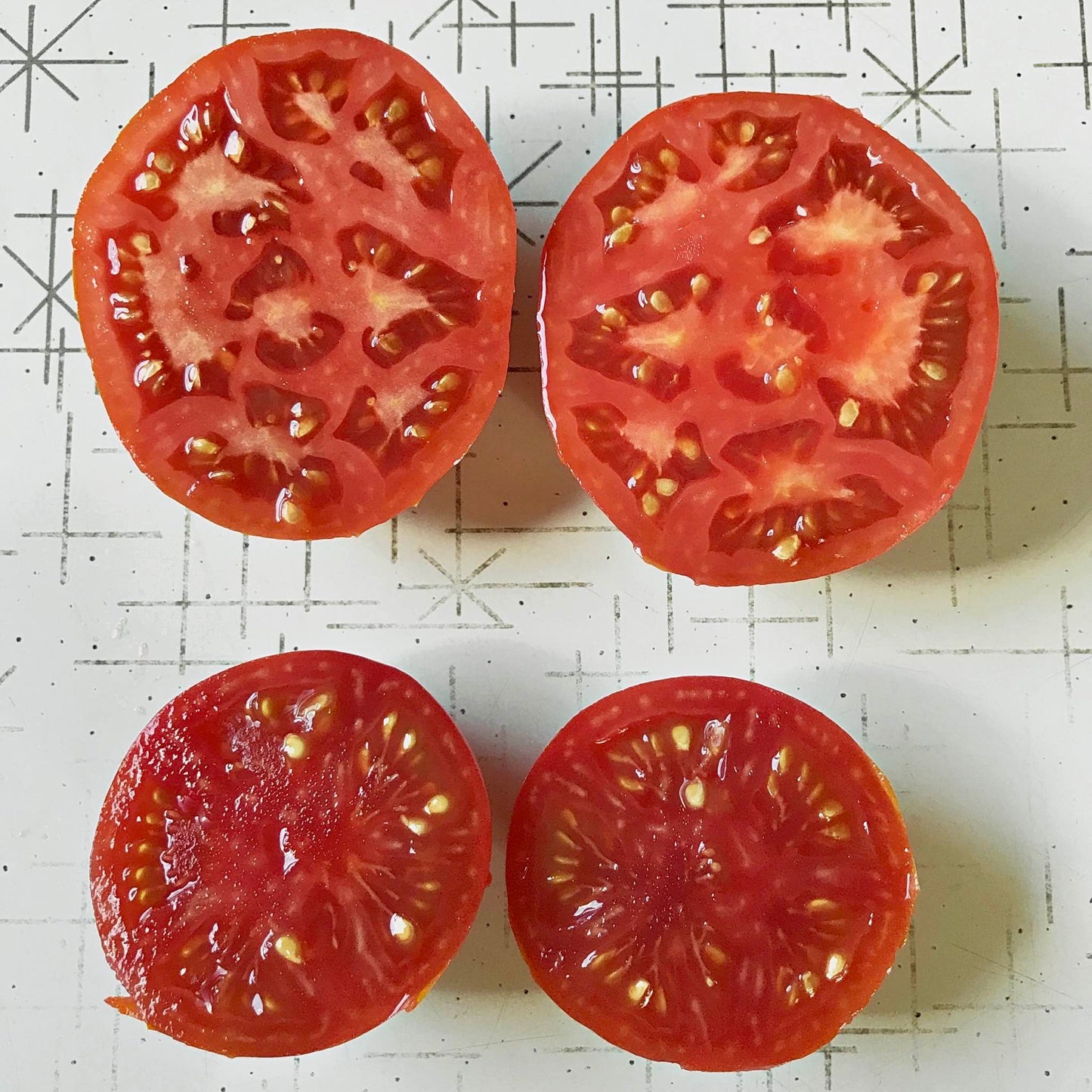 Two red tomatoes cut in half to display their interior.