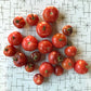 Shiny red cherry tomatoes with light anthocyanin shoulders.